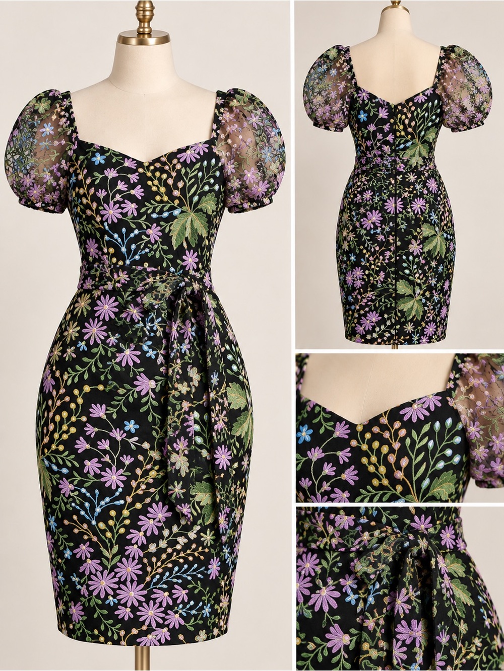 Kensie Black Multicolor Floral Embroidered Puff Sleeve Midi Dress NWOT Size 10